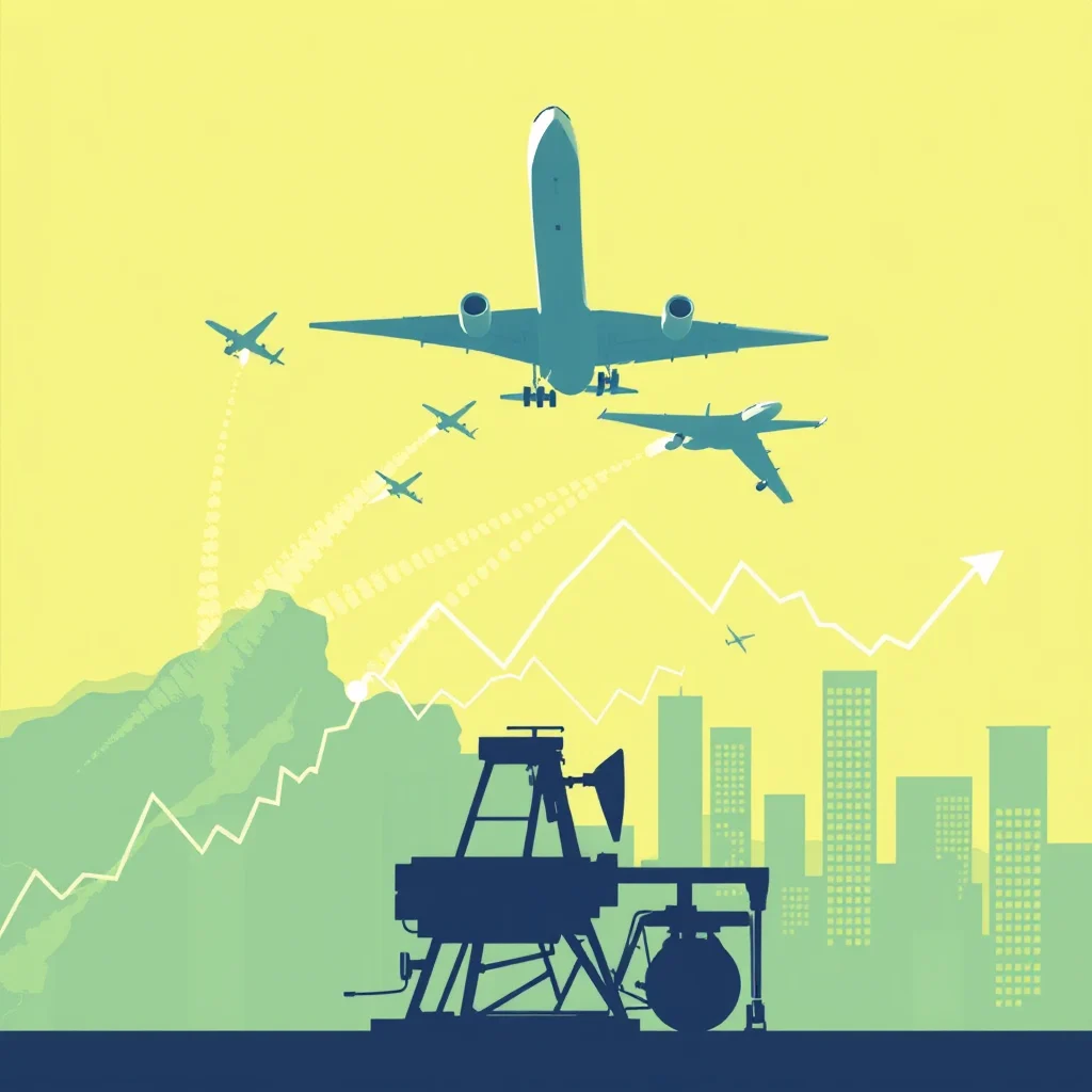 An illustration with a yellow sky background features a large airplane flying overhead, with smaller airplanes trailing behind it and leaving dotted lines in their wake. In the foreground, a dark blue oil pump jack stands silhouetted against a green landscape. Mountains are on the left, and a city skyline is on the right. A white line graph with an upward-trending arrow is superimposed over the landscape, connecting the mountains to the city.