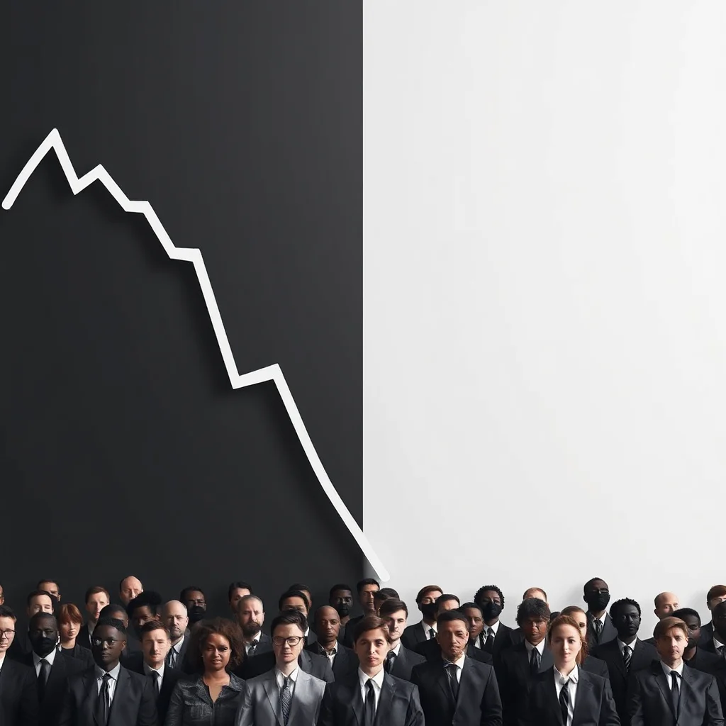 A diverse group of people in business attire stand shoulder-to-shoulder, looking forward. Behind them, a sharp white line graph descends steeply from the upper left corner against a backdrop split between black and white.