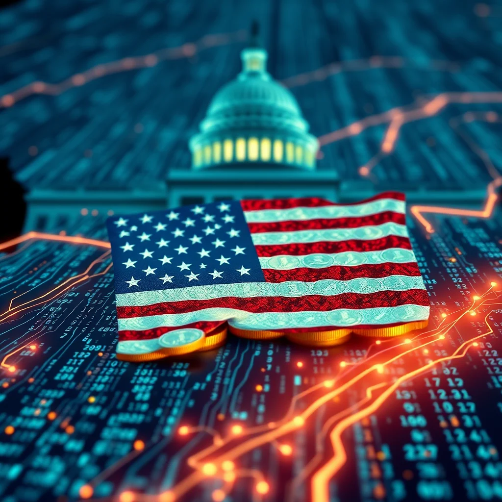 An American flag made of coins rests on a digital circuit board with glowing orange lines and a blurred image of the U.S. Capitol building in the background.