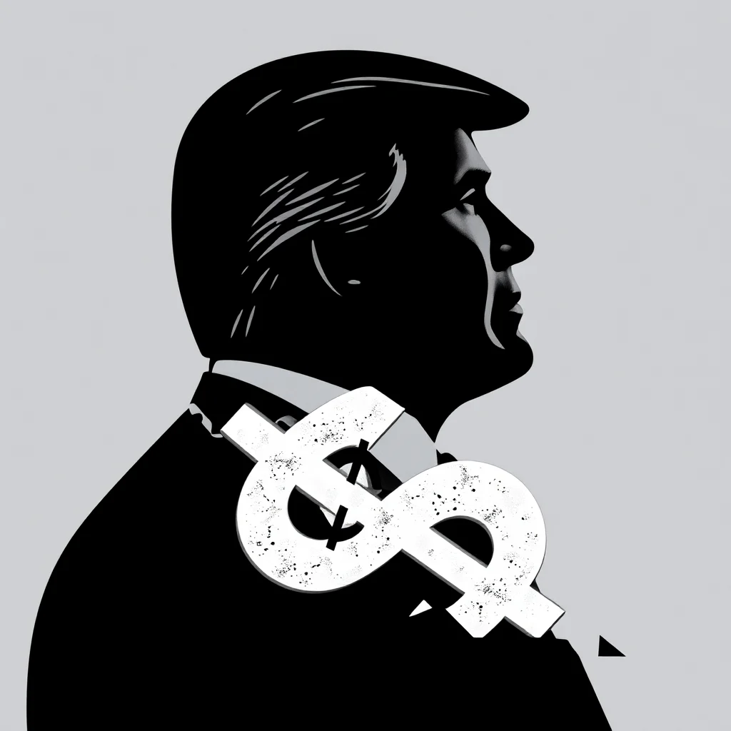 A stark, black silhouette of a man in profile, facing right, with a large, distressed white dollar sign draped around his neck.