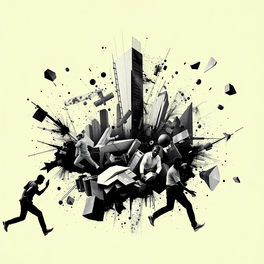 A surreal, black and white illustration depicts a chaotic explosion of abstract shapes, geometric forms, and city-like structures against a pale yellow background. Three men in silhouette are captured in mid-stride, running away from the central explosion. The man on the far left is shown with his arms bent and legs in a running motion. In the center, two men are dressed in business attire. One man is bent over, appearing to be holding or interacting with something on the ground, while the other stands slightly behind him. The scene is characterized by dynamic lines, splattered ink effects, and a sense of dramatic movement.