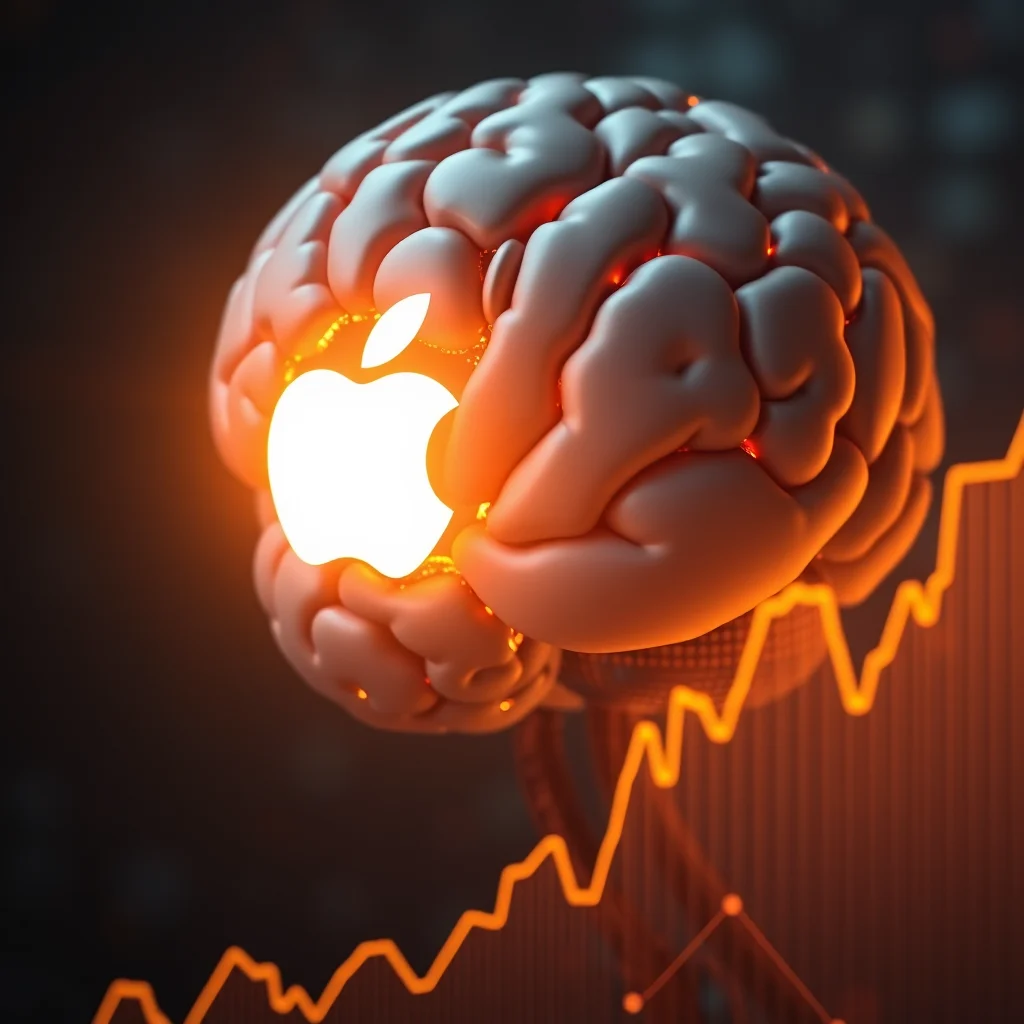A stylized 3D rendering of a human brain with the Apple logo glowing brightly on its surface, set against a dark background with an orange stock market graph rising in the foreground.