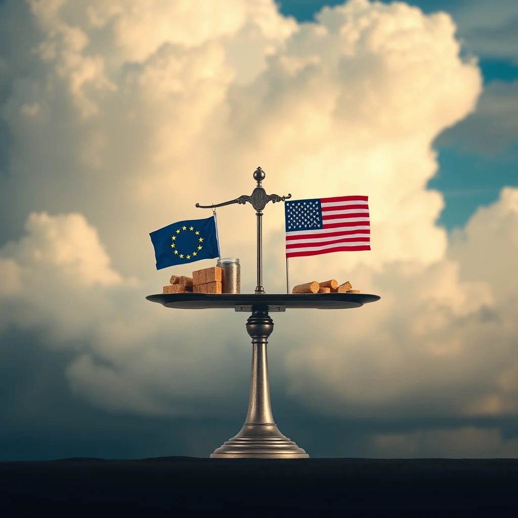 A balancing scale displays the European Union flag and the American flag. On the left pan, under the EU flag, are several sugar cubes and a small jar filled with grain. On the right pan, under the US flag, are several pieces of wood. The scale is set against a backdrop of dramatic, cloudy skies, with bright clouds near the top and darker, stormier clouds towards the bottom.