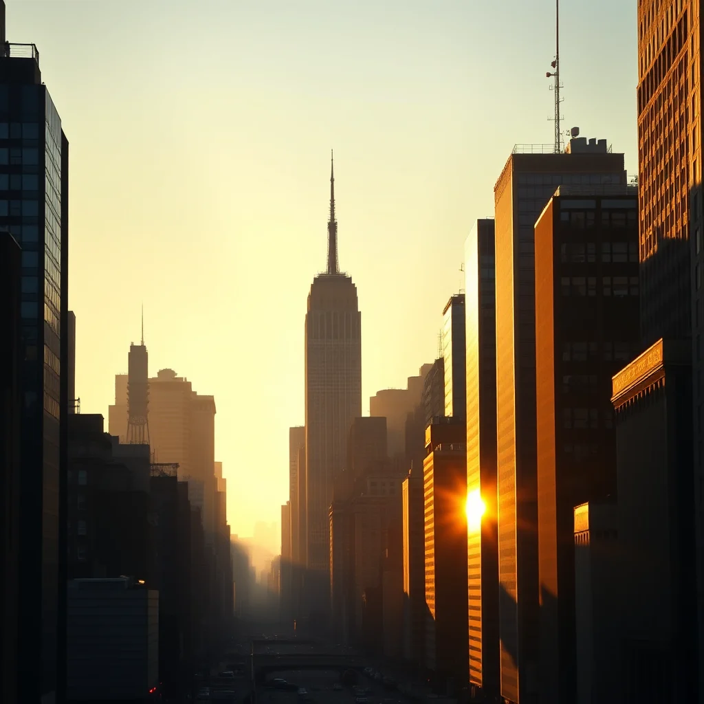 Empire State Building and other skyscrapers in New York City at sunset, casting long shadows down a city street.