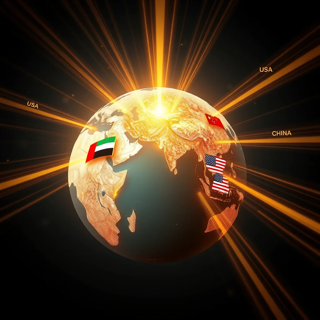 A 3D rendering of a golden globe with flags of the United States, China, and the UAE is depicted against a black background with radiating orange light beams.