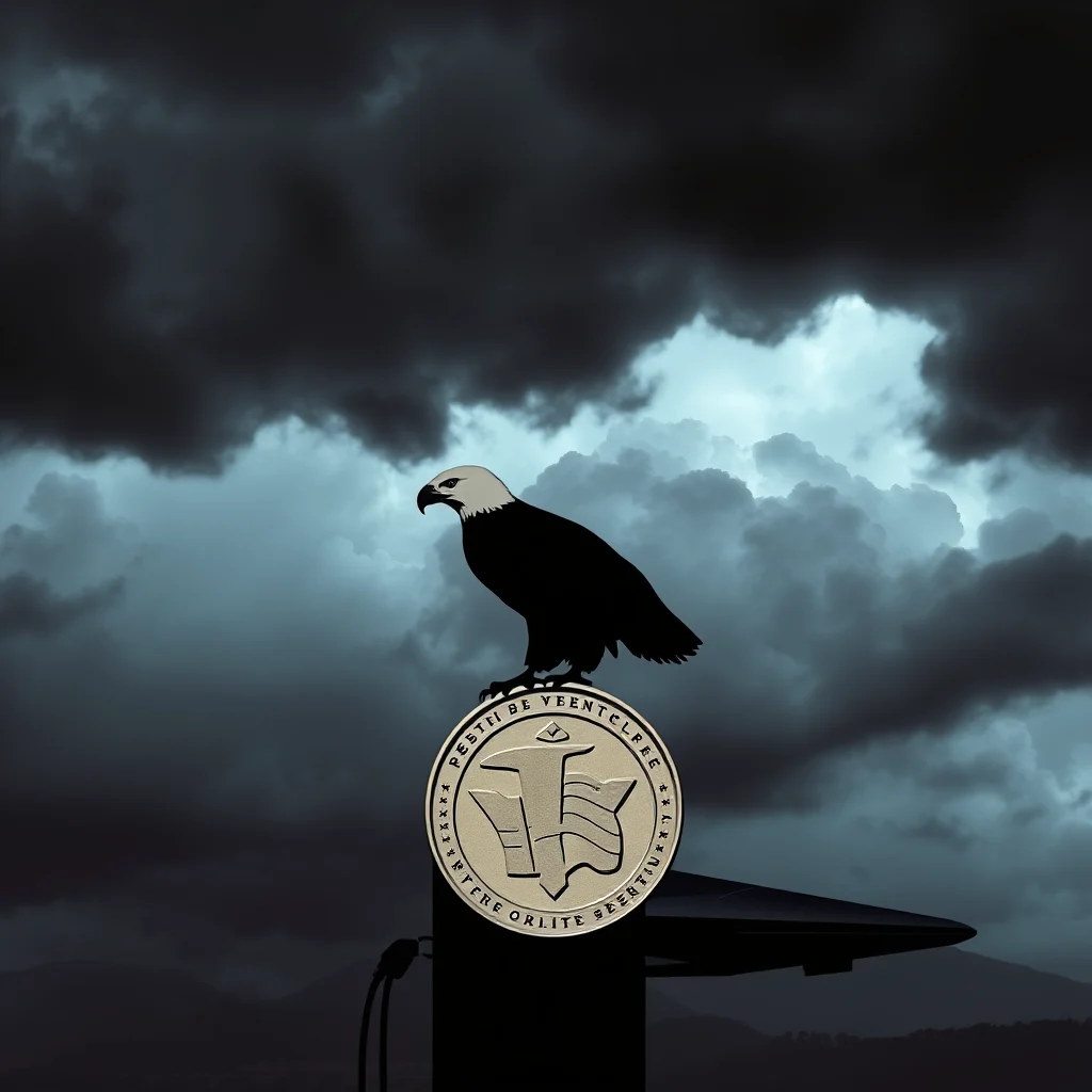 A silhouette of a bald eagle with a light gray head is perched atop a golden coin that displays a stylized "T" and a flag. The coin is on top of a dark pole against a backdrop of dark, dramatic clouds with patches of bright light.