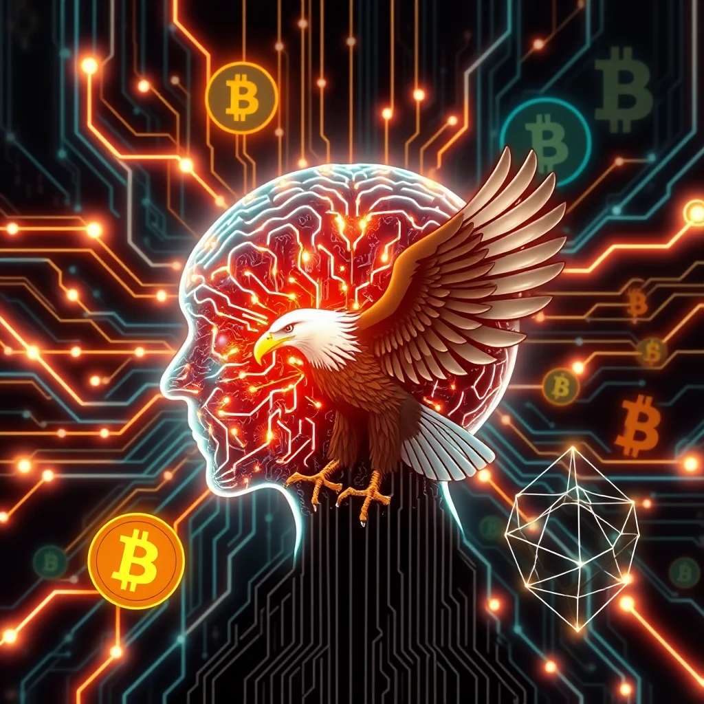 A majestic bald eagle perched on the glowing, intricate neural pathways within a translucent human head, set against a backdrop of a digital circuit board with prominent Bitcoin symbols and geometric shapes.