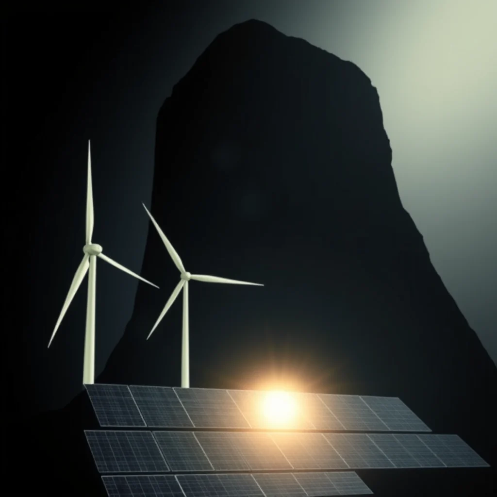 Two white wind turbines stand in front of a dark mountain silhouette, with a field of solar panels below illuminated by a bright orange sunburst.