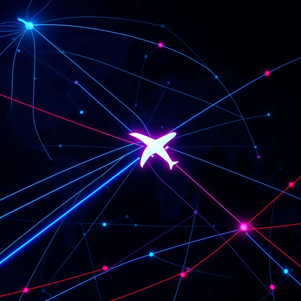 An illustration of an airplane in the center of a stylized global network of glowing blue and pink lines, representing flight paths, with small dots marking connection points across a dark background.