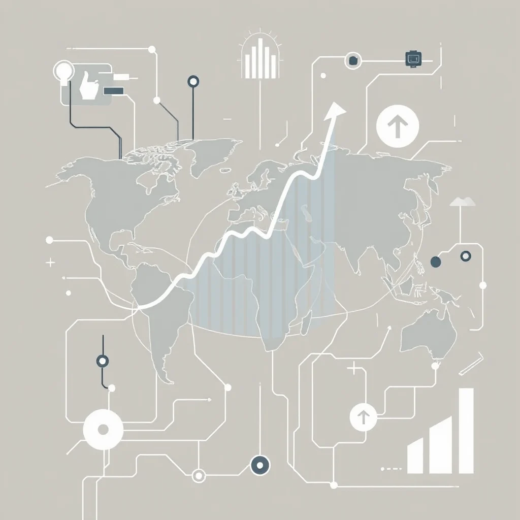 An abstract illustration of a world map with a growing upward trend line graph superimposed. The map is rendered in muted gray tones with outlines of continents. Various digital infographic elements are connected by white lines, forming a circuit board-like pattern. These elements include a "thumbs up" icon, a camera icon, an upward-pointing arrow inside a circle, a bar graph, and smaller dots and circles. The overall aesthetic is modern and technical, suggesting data analysis, global trends, or technological connectivity.