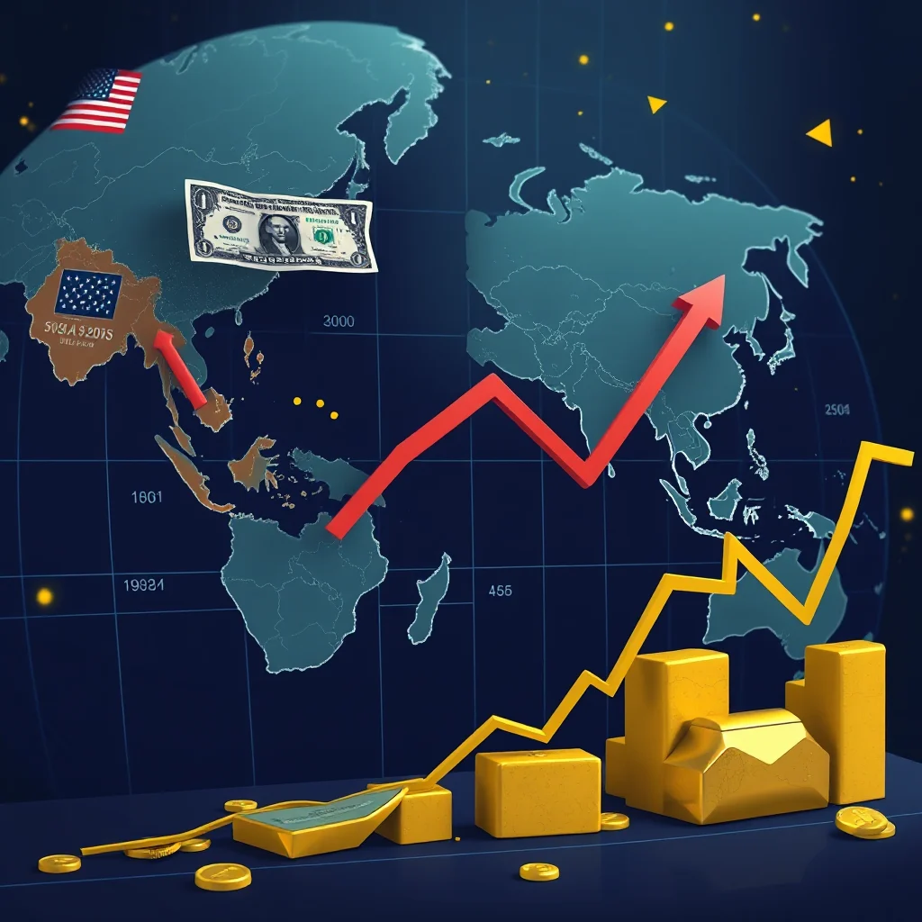 A world map overlaid with a US dollar bill, a red upward-trending arrow, a yellow upward-trending line graph, and gold bars and coins.