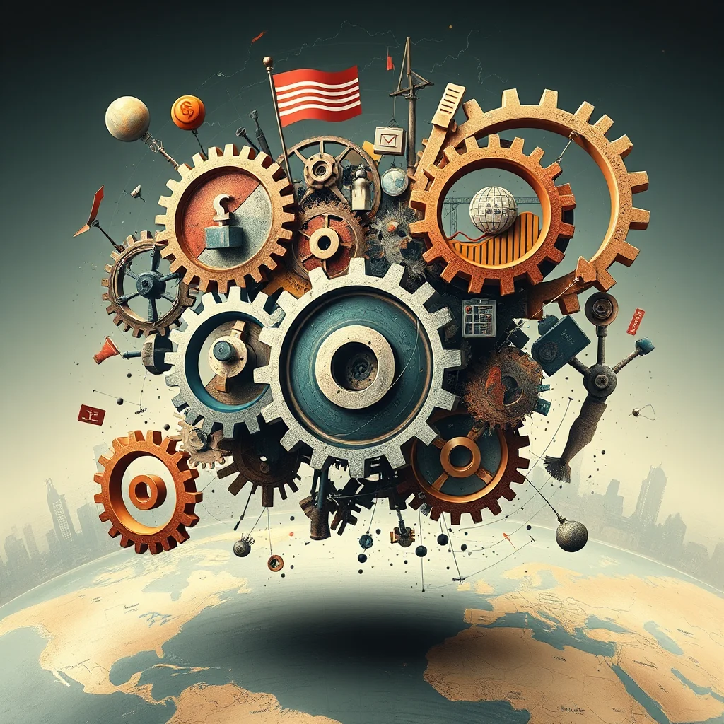 A complex, steampunk-inspired mechanical sculpture of gears, cogs, and various abstract elements floats above a stylized depiction of the Earth's surface. The sculpture is a chaotic yet organized assembly of interlocked gears of various sizes and colors, some made of brass, others of a metallic blue-grey. Within the gears, symbolic objects are embedded: a globe, a pound sterling symbol, a letter in an envelope, and what appears to be a bar chart. A red and white striped flag waves from the top of the structure, which also features dangling elements like pendulums and small, abstract metallic shapes. The background is a gradient of grey and green, suggesting a hazy sky, with faint outlines of cityscapes visible on the horizon of the Earth below.