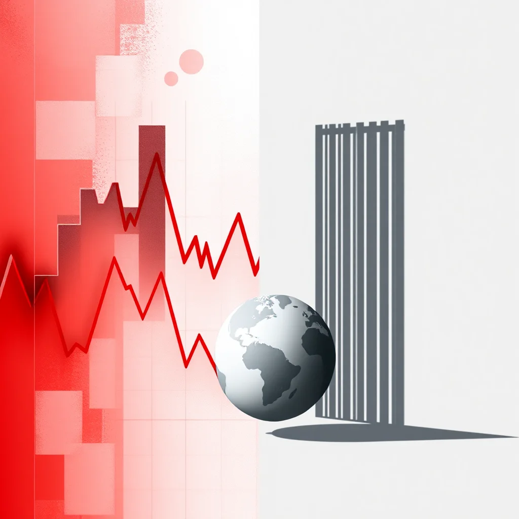 A red downward trending graph with a globe in front of a grey vertical striped structure casting a shadow on a white background.