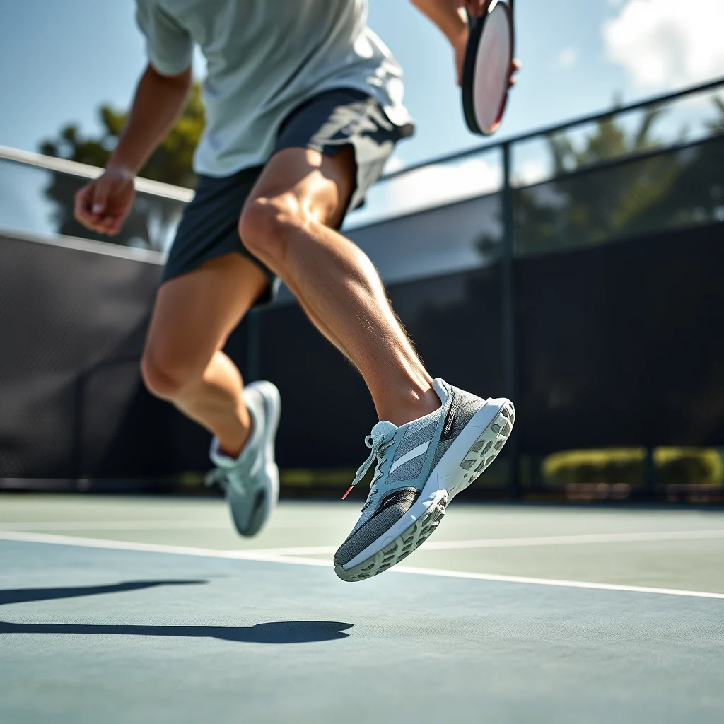 A close-up shot of a person's legs and feet as they run on a tennis court, wearing grey athletic shorts and light blue sneakers.