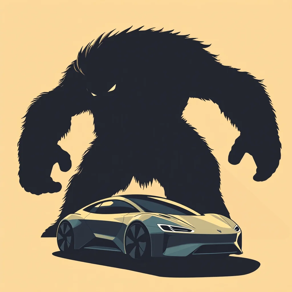 Silhouette of a furry, ape-like creature with glowing yellow eyes looming over a sleek, modern sports car.
