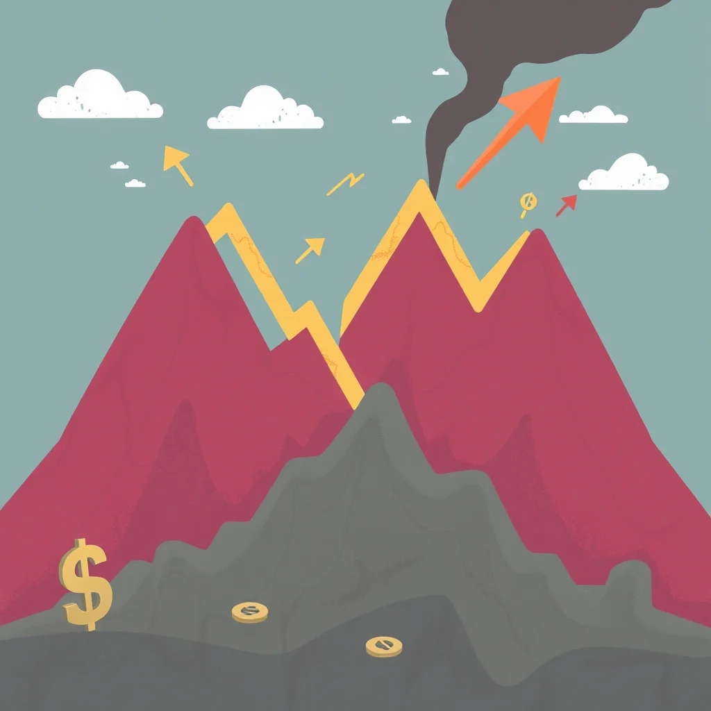 A stylized illustration depicting a mountain range with a jagged, yellow graph line running across its peaks. An orange arrow points upward from the highest peak, above a plume of dark gray smoke. Several smaller arrows and a dollar sign are also visible. The background is a muted teal color with a few white clouds.