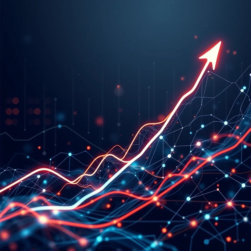 A digital graph displaying an upward trend with a bright white arrow at the apex, set against a dark blue background with glowing red and blue nodes and lines.