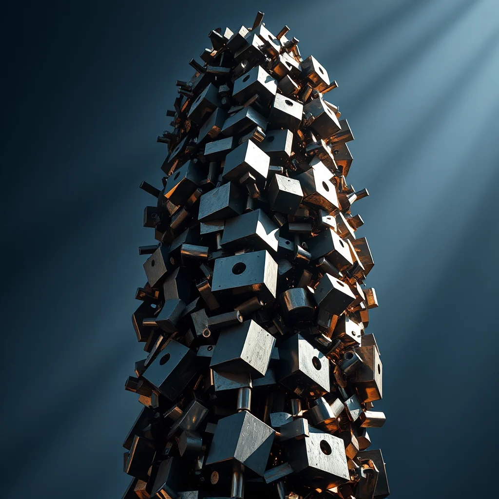 A tall, conical sculpture made of stacked metal cubes, with some cubes featuring circular holes, is illuminated by dramatic shafts of light against a dark blue sky.