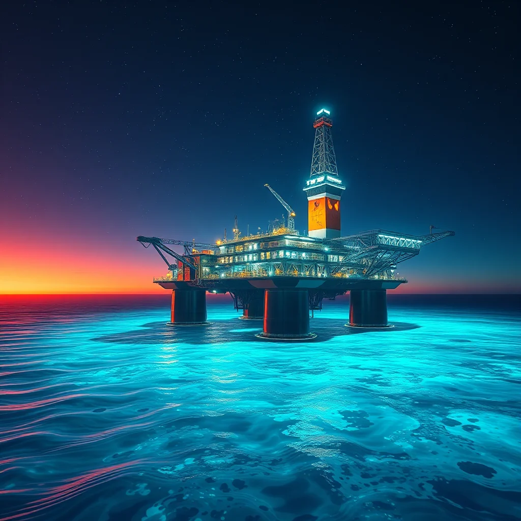 An oil rig at sea at night with a colorful sunset in the background and glowing blue water.