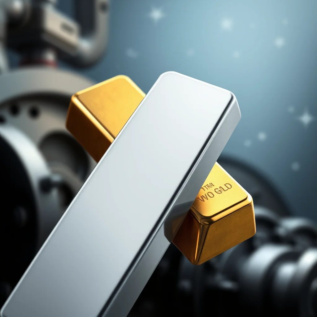 A silver bar is diagonally placed over two gold bars in a close-up shot.