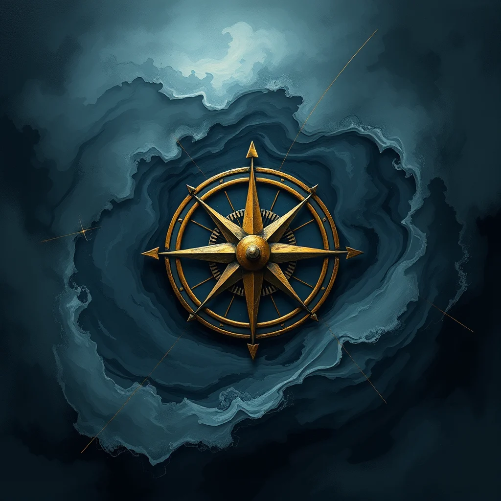 A golden compass rose is centered on a dark blue, swirling background that resembles turbulent clouds or water.