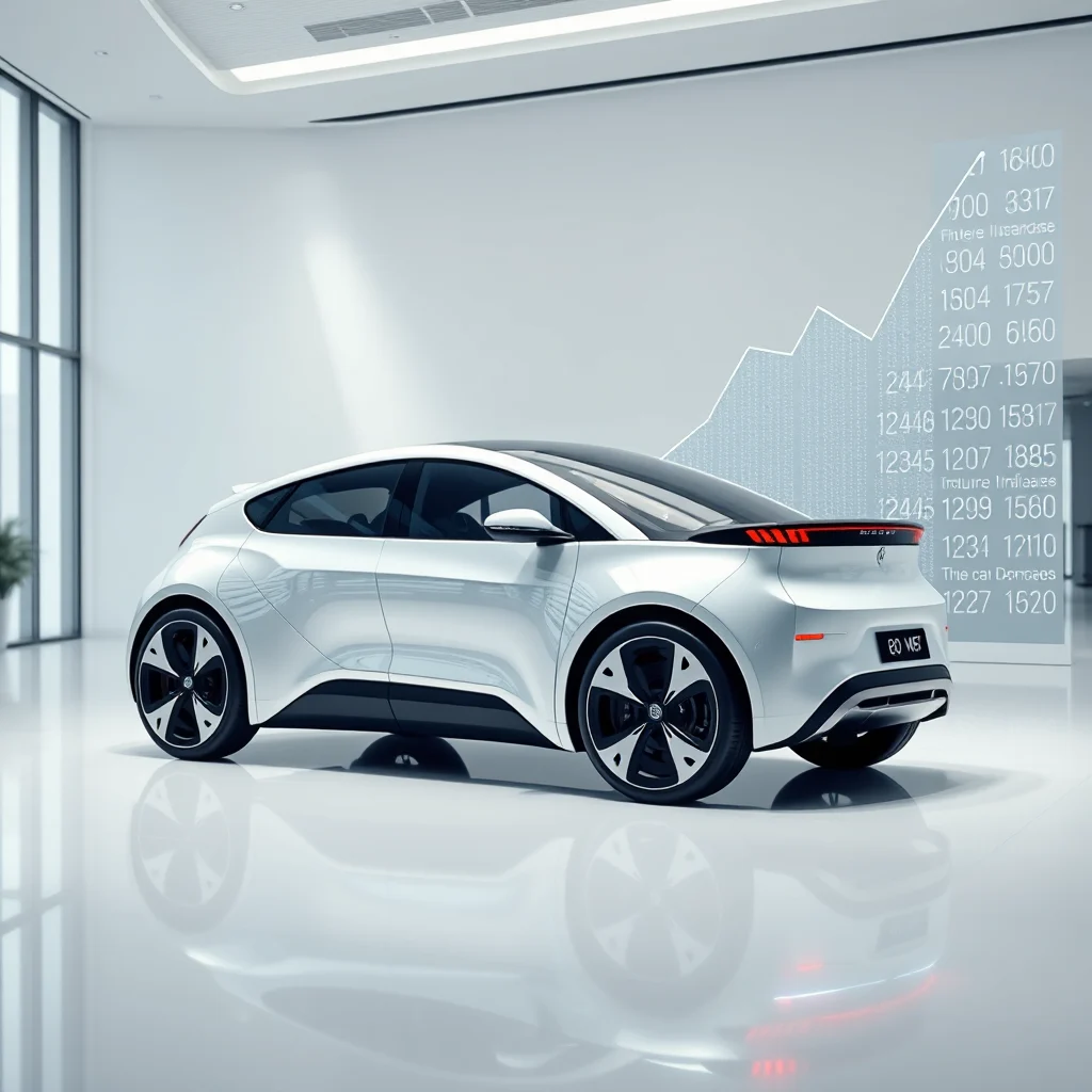 A sleek white electric car is showcased in a modern showroom with a data chart in the background.
