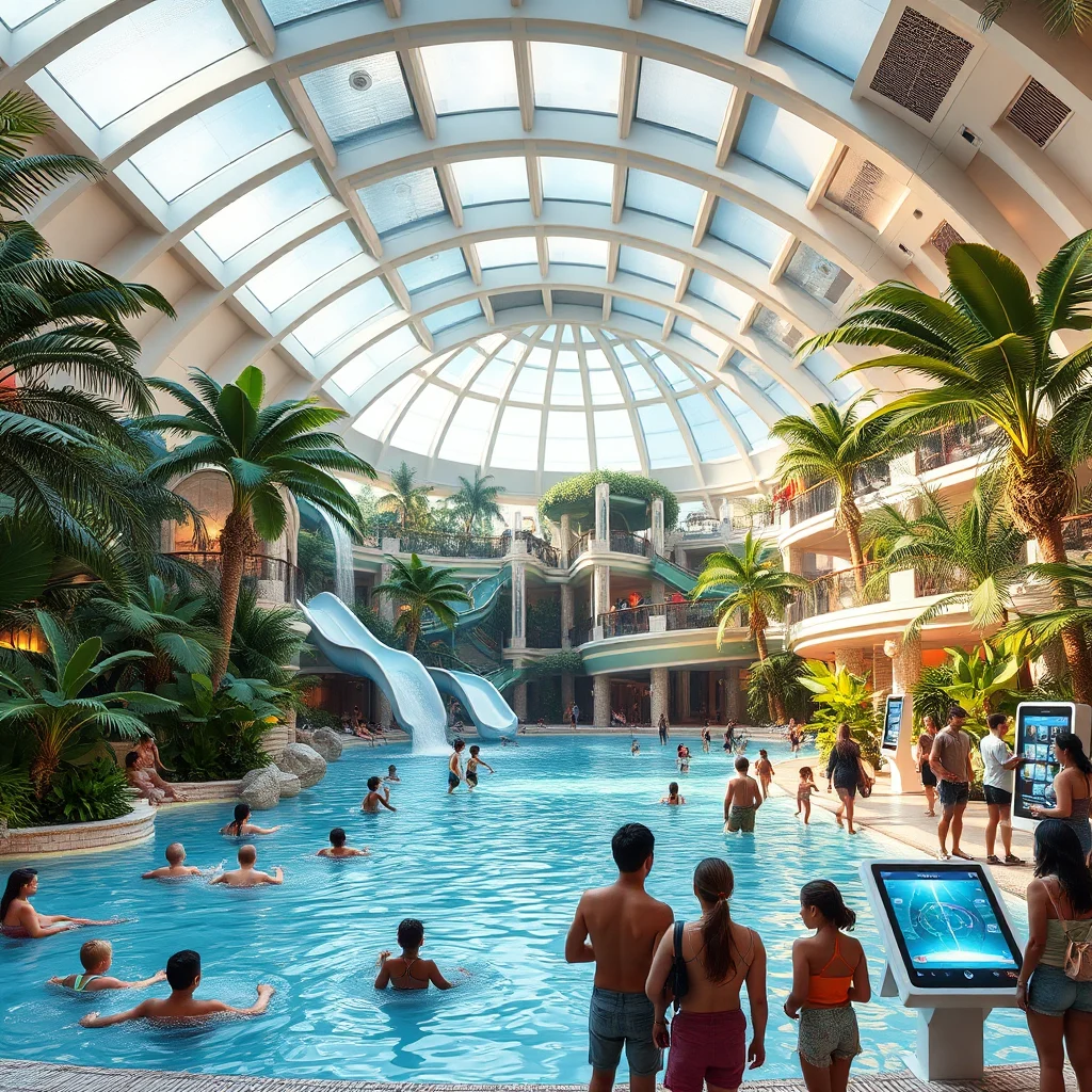 A family of four stands in the foreground looking at an interactive touchscreen display in a large indoor water park with a glass domed ceiling and lush tropical plants.