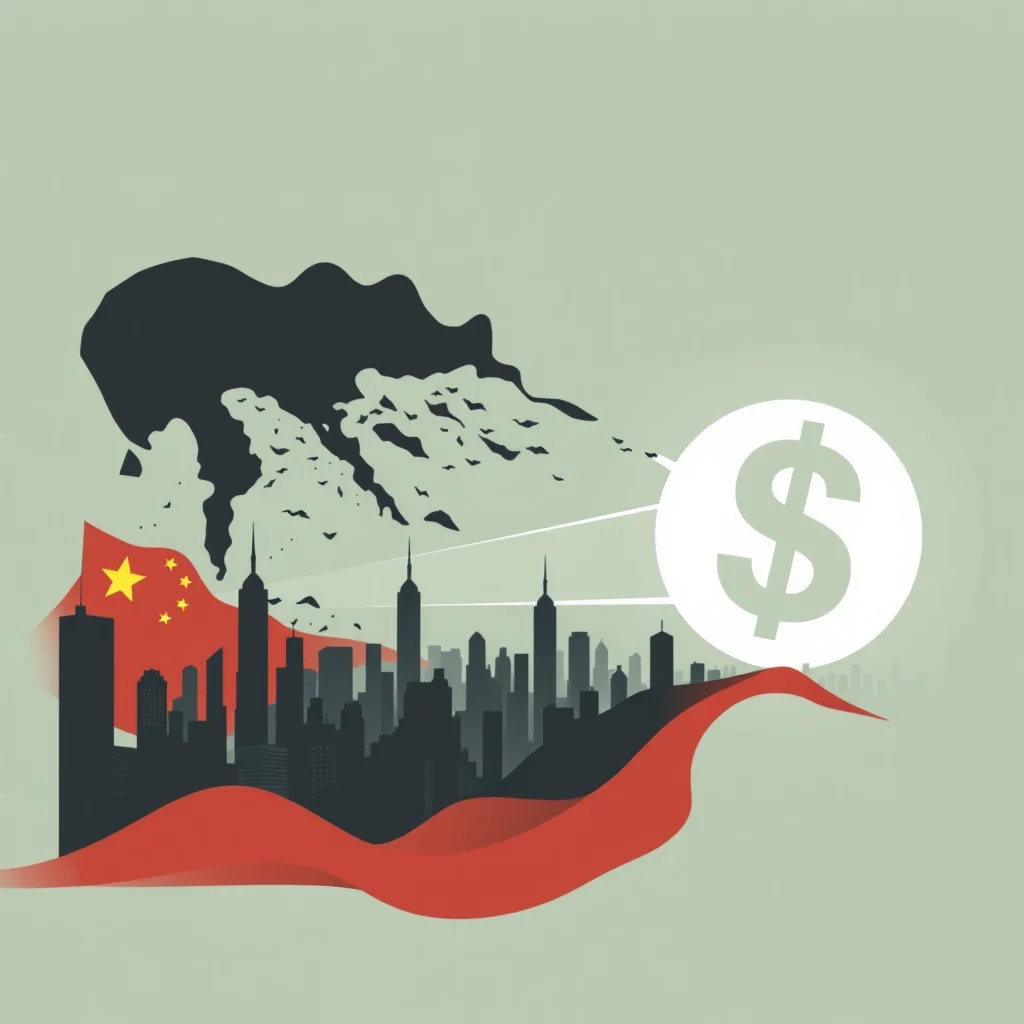 A silhouette of the Chinese flag flies over a cityscape, with a large dark, amorphous shape in the upper left, and a white circle with a dollar sign in the upper right, all on a muted green background with a red ribbon-like shape flowing across the bottom.