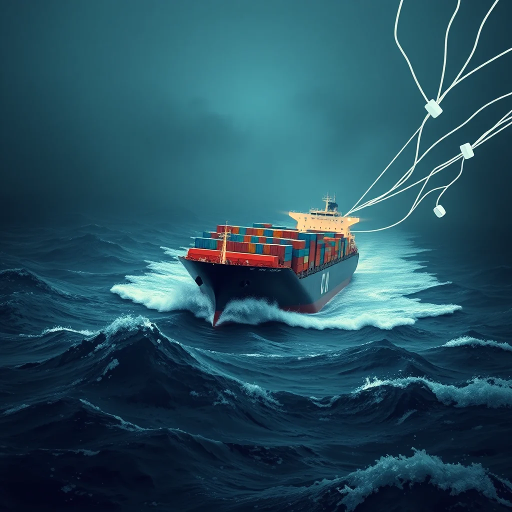 A container ship sails through rough, dark blue waves under a moody, teal sky, leaving a white wake behind it. White, abstract lines trail from the ship upwards, connecting to small, cubic white objects floating in the air.
