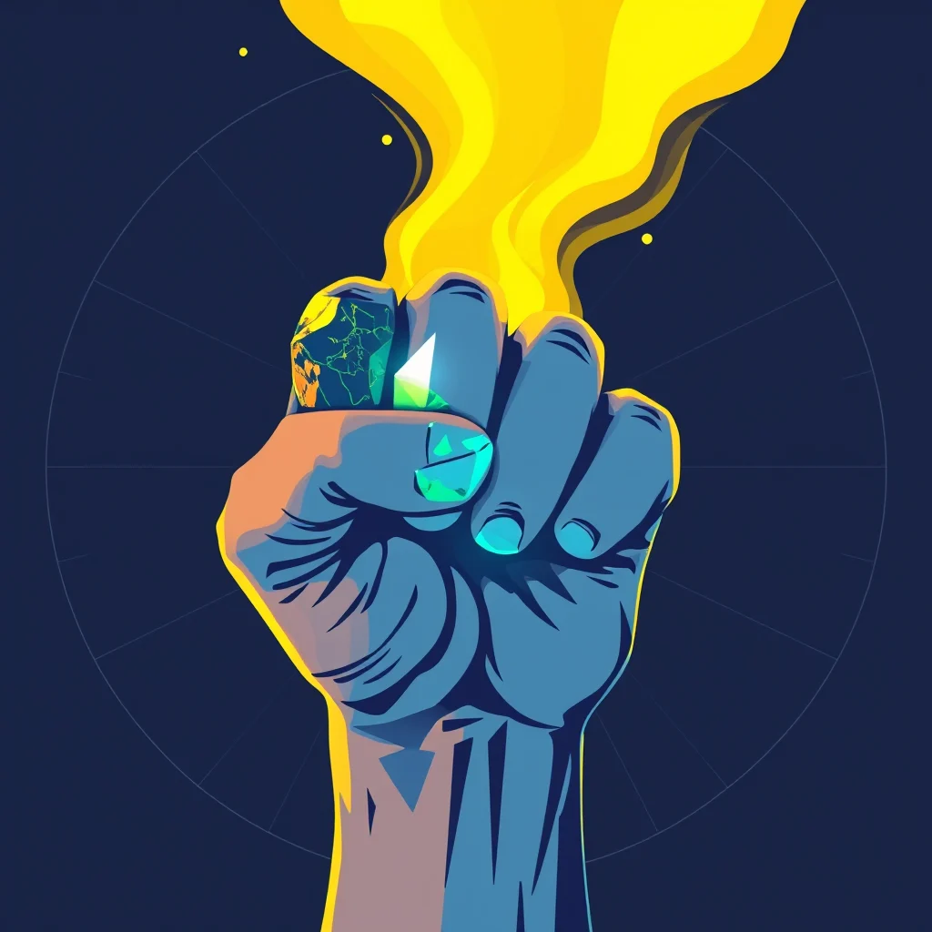 A stylized illustration of a closed fist, lit from the side by a warm yellow and orange glow. The fist is colored blue with dark lines defining the knuckles and creases of the hand. Encircling the wrist is a faint, segmented circle resembling a clock face. Emerging from the top of the fist is a stylized flame or wave of bright yellow, appearing to be a source of energy or light. On the thumb and index finger of the fist are polygonal, jewel-like shapes in shades of green and blue, with the thumb digit also bearing a small, stylized image of the Earth.