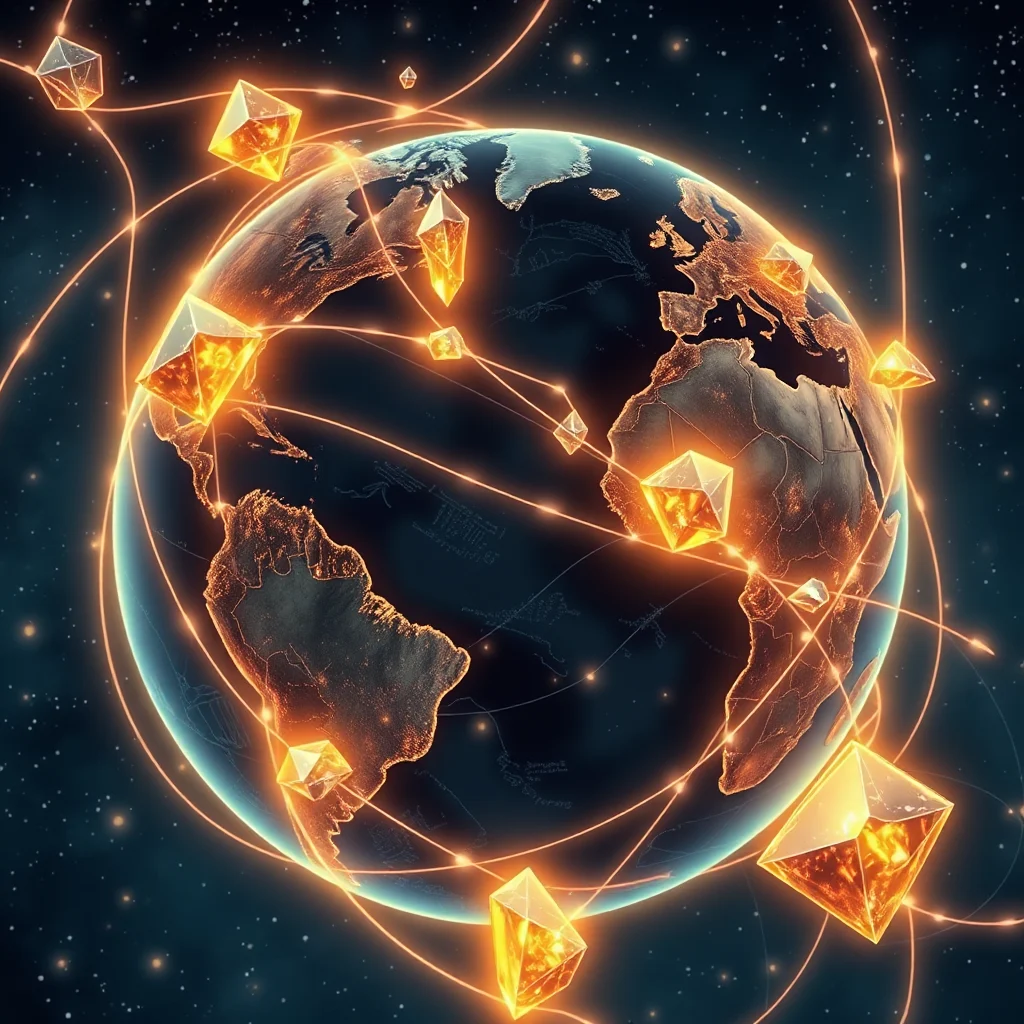 A digital rendering of Earth from space, with glowing orange energy lines connecting luminous, geometric crystal-like objects positioned around the globe.