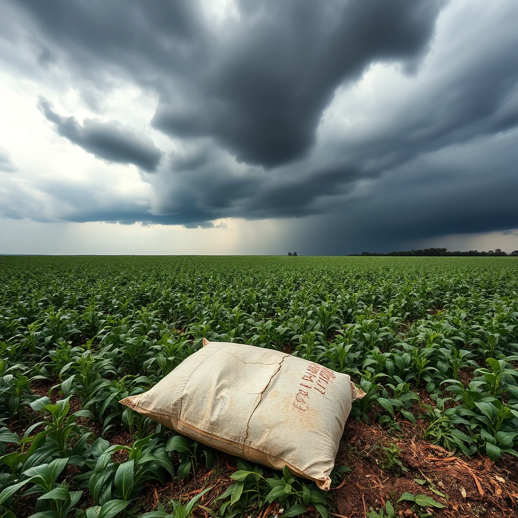 A close-up of a large, worn, tan burlap sack lies on the rich brown soil in a vast field of green corn stalks under a dramatic, stormy sky. The sack is cracked and dirty, with faded red lettering visible on its surface, hinting at its contents or origin. The field stretches out to the horizon, a sea of lush green plants neatly planted in rows. The sky above is filled with ominous, dark gray storm clouds, with a lighter, possibly rainy patch visible in the distance, creating a sense of impending weather. The overall impression is one of rural solitude and the power of nature.