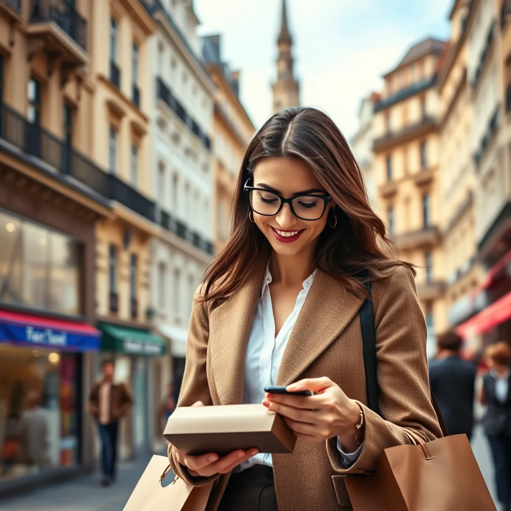 A woman wearing a brown coat and glasses is smiling as she looks at her phone while holding a box and shopping bags.