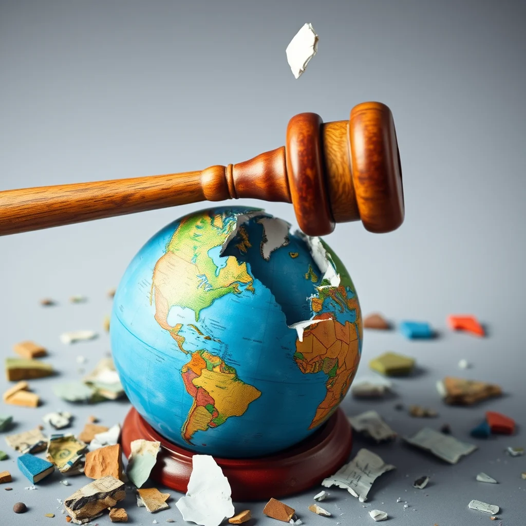 A wooden gavel is striking a globe, causing pieces of the globe to break off.