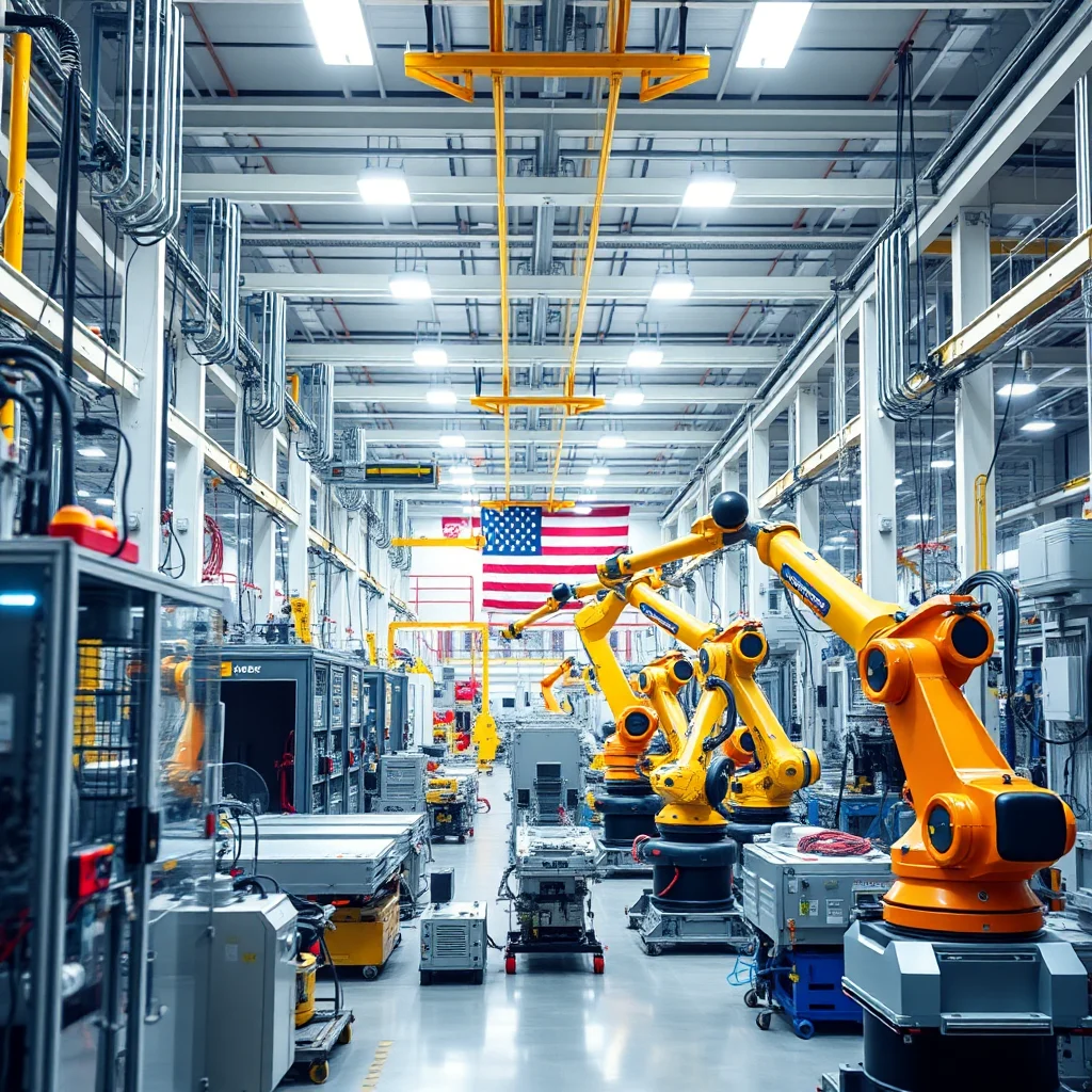 Robotic arms in an assembly line with an American flag in the background.