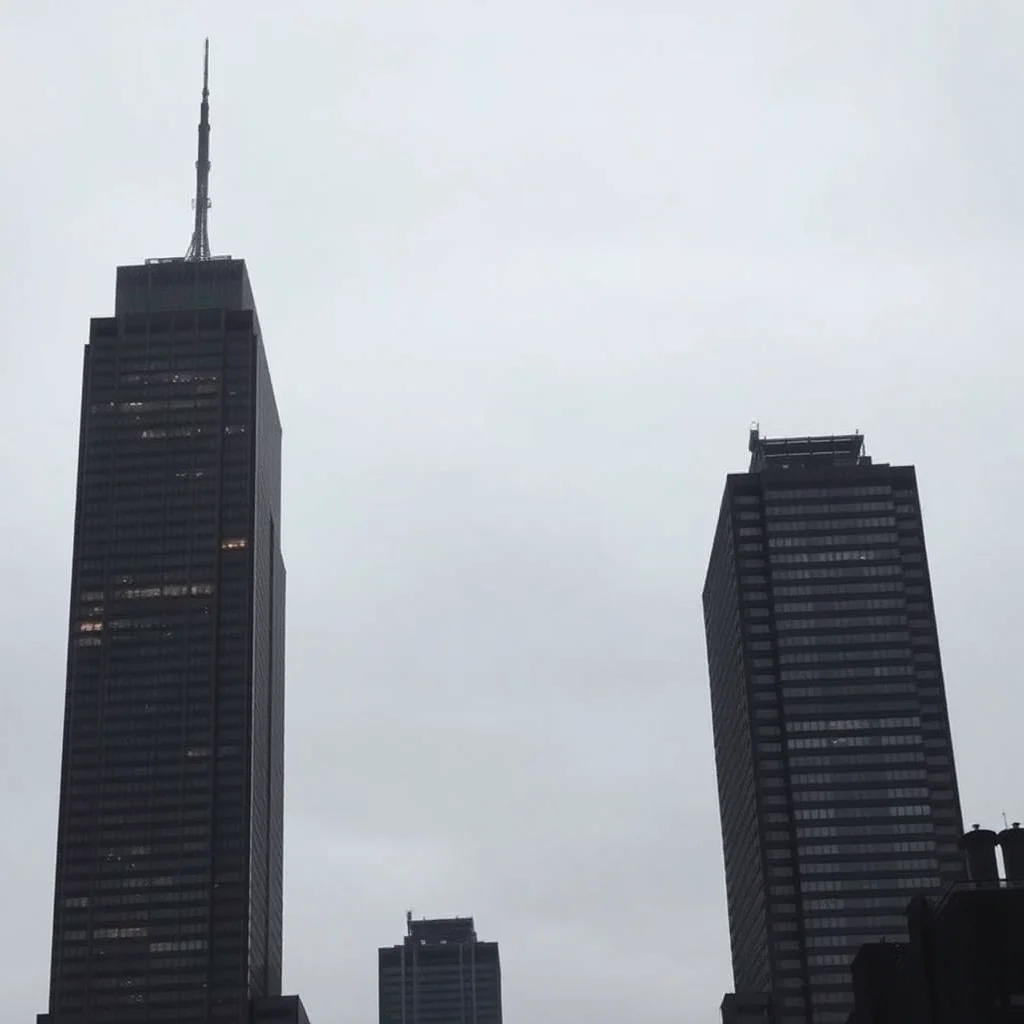 Two dark skyscrapers against a cloudy sky, with a smaller building in the foreground.