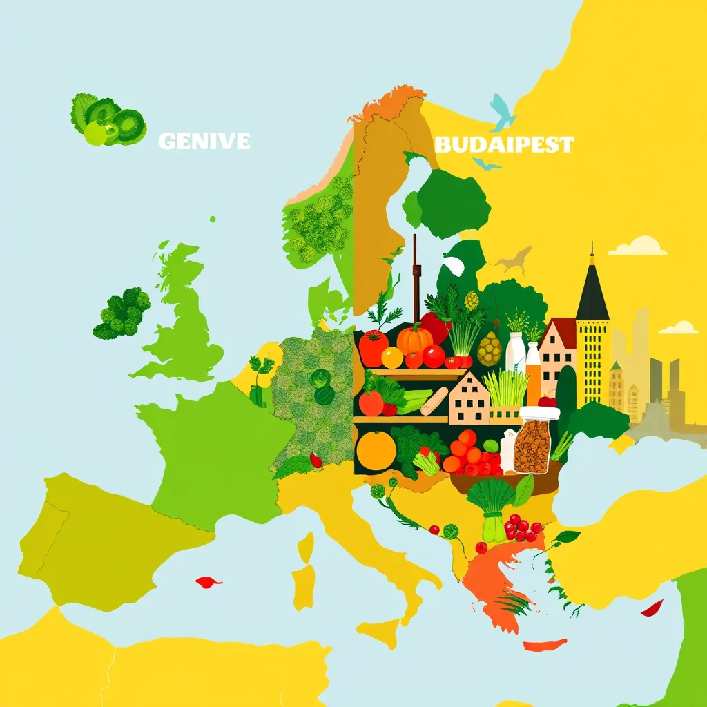 Map of Europe divided into two sections representing Geneva and Budapest, with the left side depicting greenery and fruits like broccoli and kiwi, and the right side showing a market stall overflowing with vegetables, fruits, jars of food, and buildings symbolizing Budapest's cityscape.