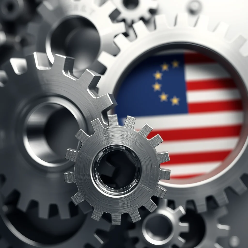 Close-up shot of interlocking metal gears with a blurry flag in the background. The flag appears to be red and white striped with a blue field containing stars.