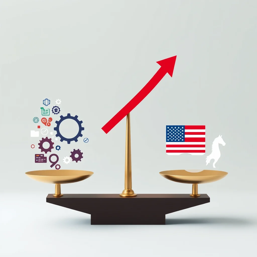 A golden balance scale with a red arrow pointing upwards. On the left pan, there are various gears and icons representing technology and progress. On the right pan, there is an American flag and a white silhouette of a horse.