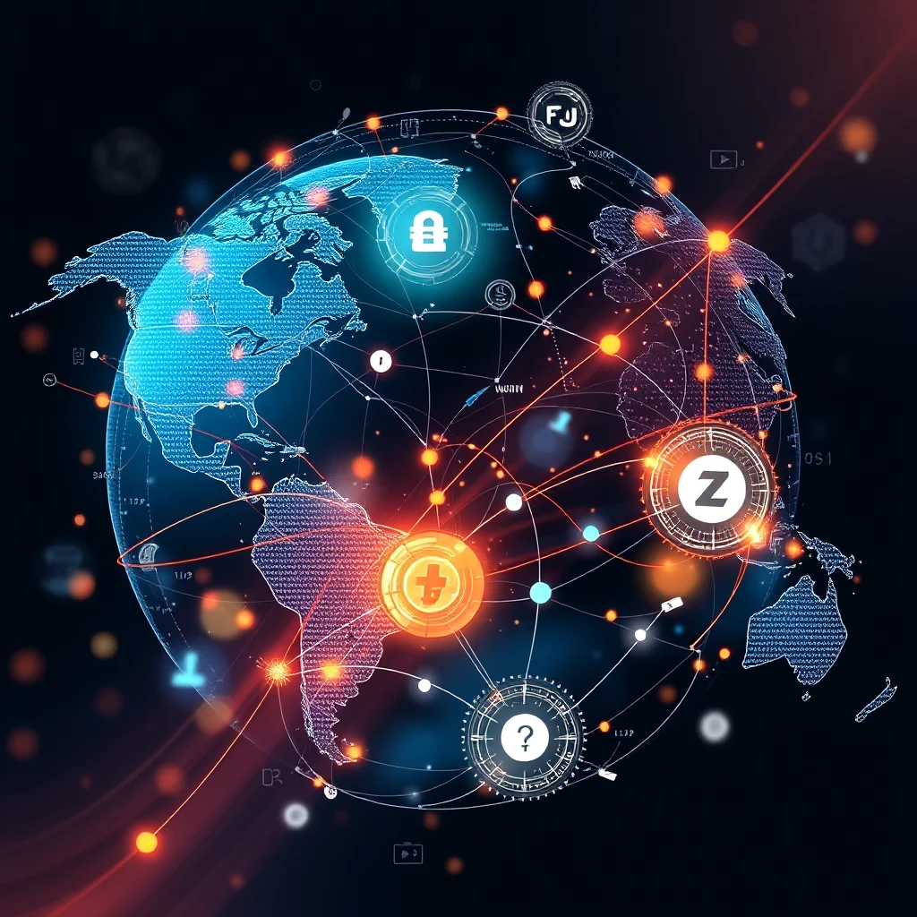 A glowing blue digital globe is surrounded by a network of glowing orange lines and nodes, representing global connectivity and data transfer. Several digital icons are visible on the globe, including a currency symbol, a letter "Z", and a question mark within a circular frame, suggesting technology and finance themes.