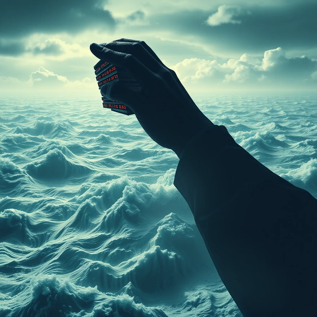 A shadowy hand holds a stack of cards with glowing red numbers against a backdrop of choppy, blue-green waves and a cloudy sky.