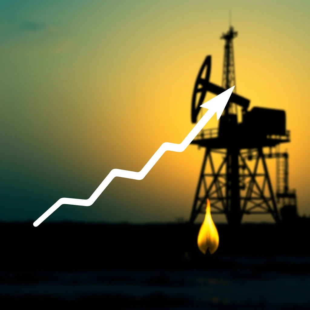 A white graph showing an upward trend overlays a silhouetted oil derrick against a yellow and green sunset. A drop of burning oil is visible below the derrick.