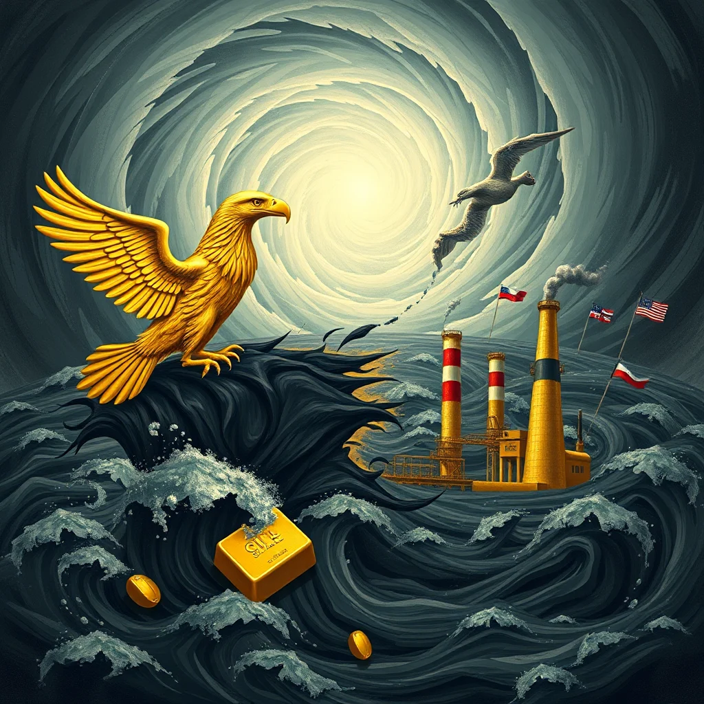 A golden eagle stands on a dark, cresting wave. Behind it, a swirling vortex of light fills the sky. To the right, a seagull flies toward the vortex, trailing a dark line. In the middle ground, a factory with red and white smokestacks emits smoke, with flags flying above it. The sea is dark and choppy, with waves crashing around a gold bar and several gold coins.