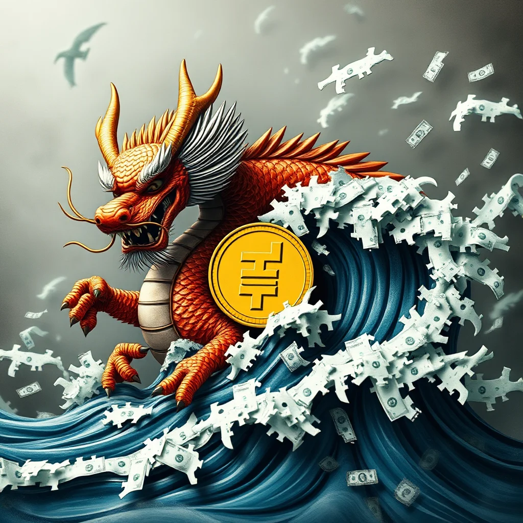 A Chinese dragon in red and gold, with white accents, is emerging from a blue wave crashing around it. The wave is made of paper money that appears to be in the shape of guns. A gold coin with a stylized symbol is visible in front of the dragon. Several birds fly in the gray sky behind the dragon.