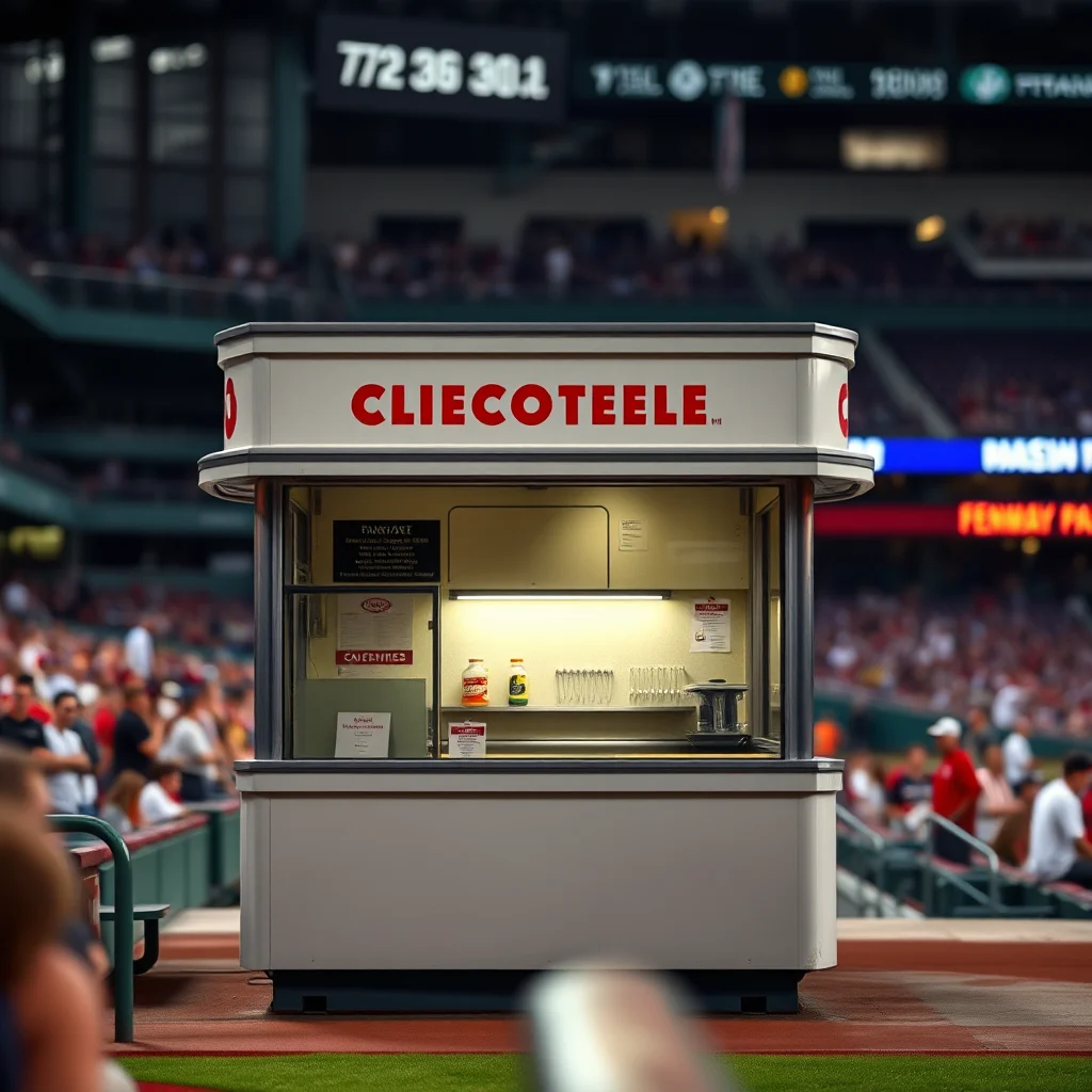 A white concession stand at a baseball game with the name "CLIECOTEEELE" in red letters on top.