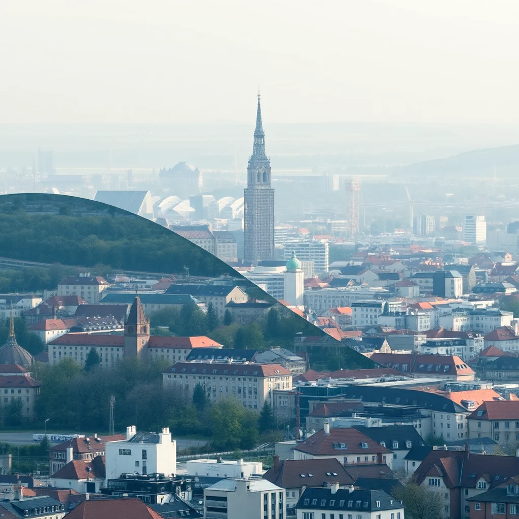 A split aerial view of a city skyline, with the left side dominated by a lush green hillside and the right side showing a dense urban landscape.