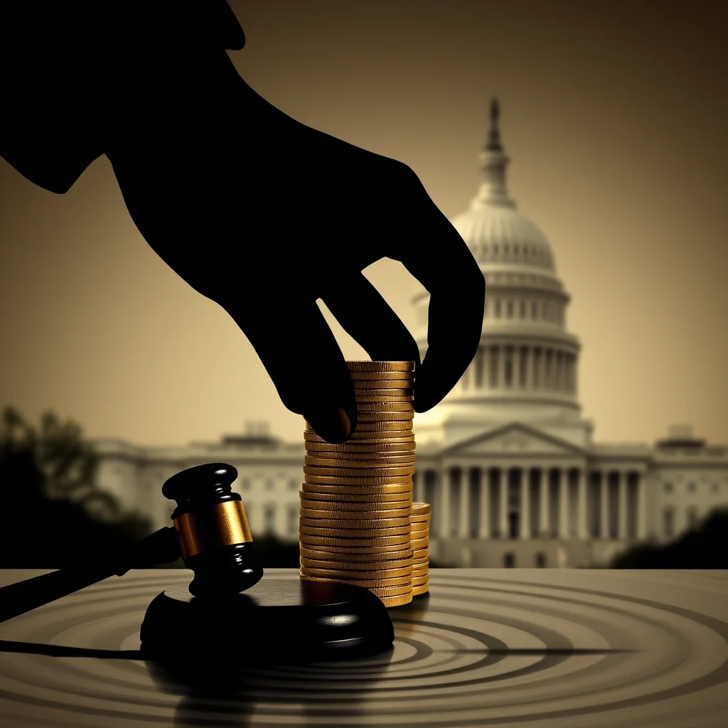 A silhouette of a hand places a coin on a tall stack of gold coins in front of a blurred image of the U.S. Capitol building, with a gavel in the foreground.
