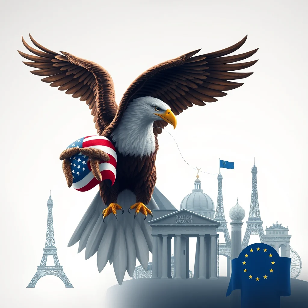 A majestic bald eagle with wings spread wide clutches a bundle resembling a football adorned with the American flag in its talons. The eagle is positioned in the foreground, appearing to soar above a montage of iconic European landmarks, including the Eiffel Tower, the European Parliament building, and other architectural structures. In the background, a blue flag with stars, representing the European Union, is prominently displayed.
