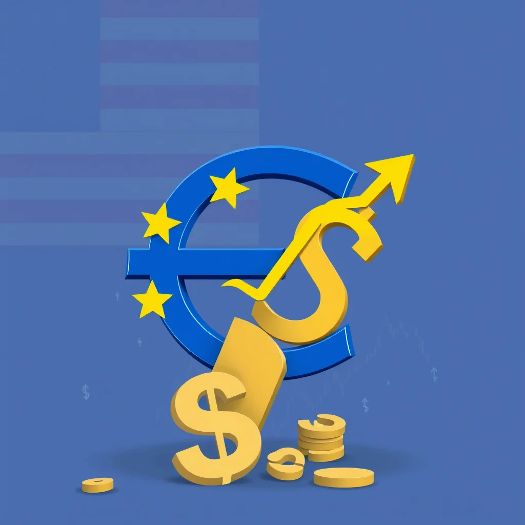 The euro symbol is blue with yellow stars. A yellow dollar sign is split in half, with a yellow arrow pointing upwards from the split.