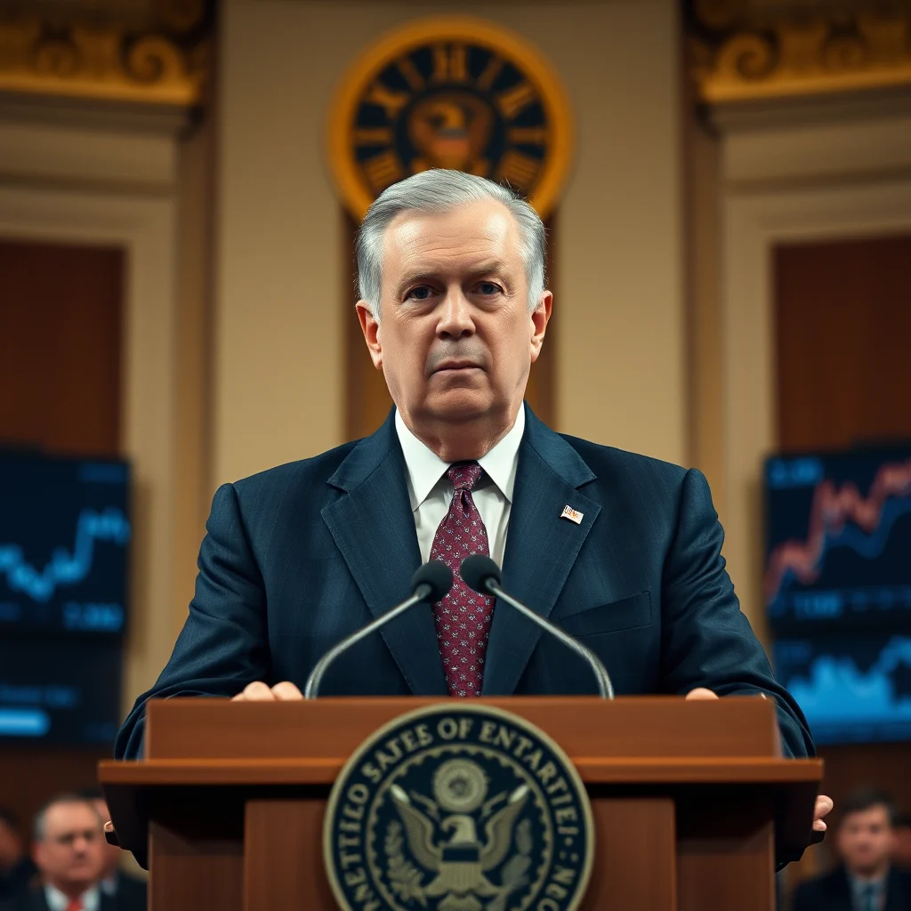 A man in a dark suit and red tie stands behind a wooden podium, speaking into two microphones. He has gray hair and is looking directly at the camera. Behind him, a large clock with Roman numerals is visible, as are screens displaying graphs.